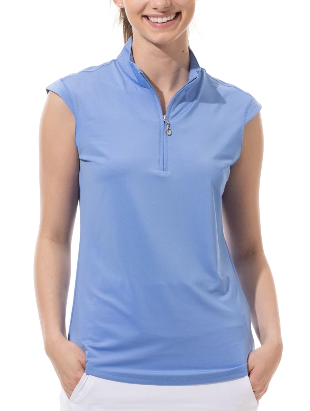 SanSoleil SunGlow Sleeveless Zip Mock polo Golf shirt in cornflower blue UPF50 M